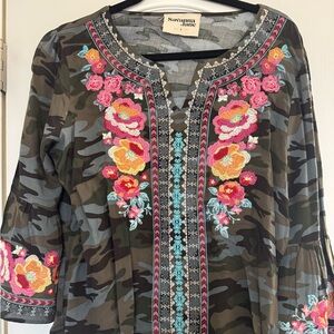 Savanna Jane Camouflage Blouse with Floral Embroidery